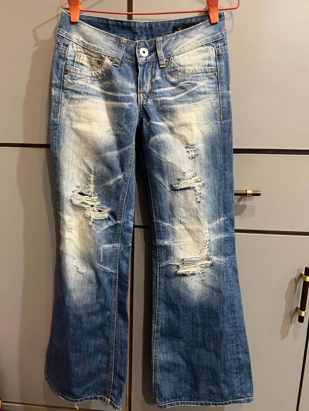 Vintage Japanese Brand Ripped Low-rise Flared Bootcut Denim Jeans Blue size 28